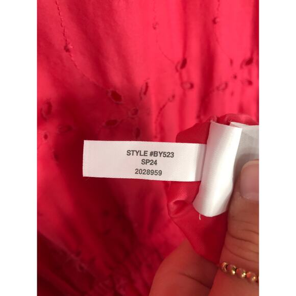 J. Crew Midi Dress Women's 8 Pink V Neck Puff Sleeve Eyelet Tiered Feminine - Picture 9 of 13